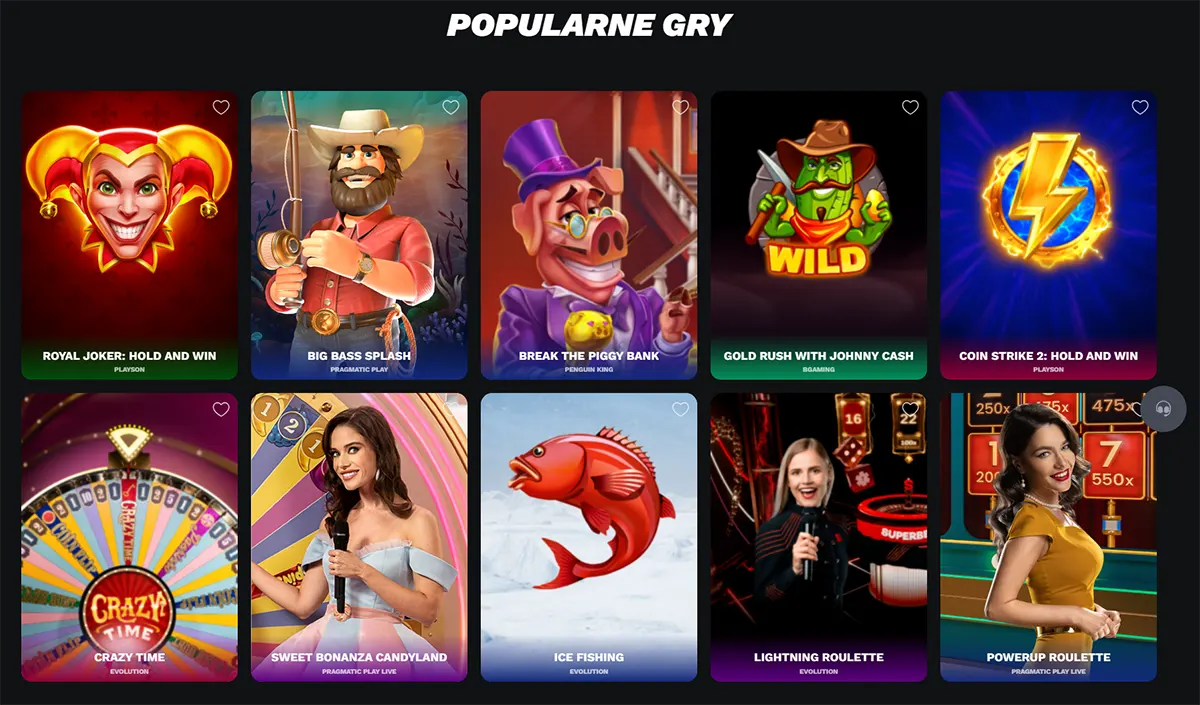 Polish “Popularne gry” (Popular games) casino lobby grid showing slot and live game tiles such as Royal Joker Hold and Win, Big Bass Splash, Break the Piggy Bank, Gold Rush with Johnny Cash, Coin Strike 2, Crazy Time, Sweet Bonanza Candyland, Ice Fishing, Lightning Roulette, and PowerUp Roulette, with heart icons on each card.