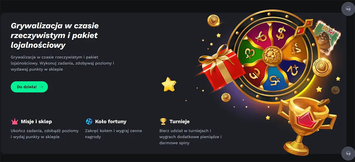 Polish casino promo screen about “real-time competition and a loyalty package,” with a green “Do dzieła!” button and illustrated rewards on the right (prize wheel, gift box, coins and trophy), plus feature icons for missions/shop, wheel of fortune and tournaments.
